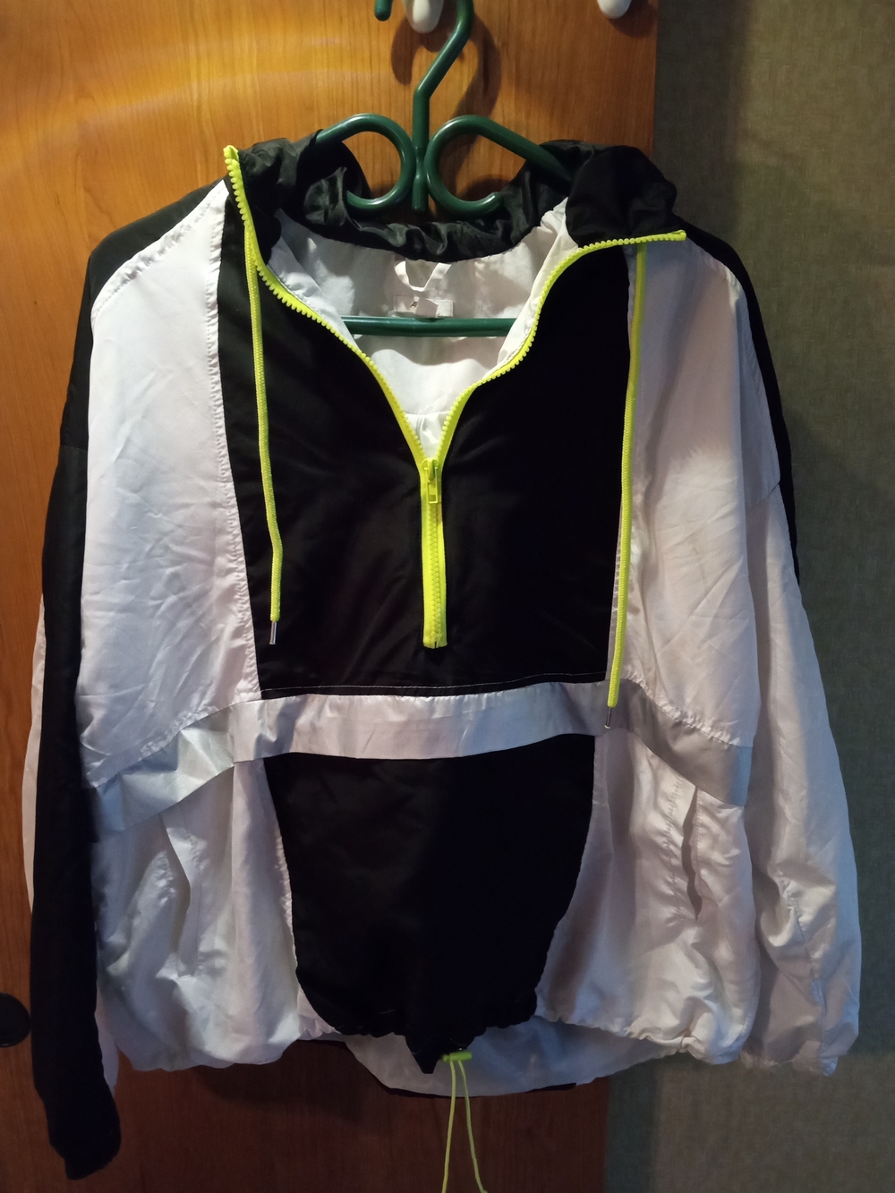 Ardene Black and White Hooded Windbreaker Jacket with Green Trim